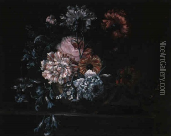 Still Life Of Variegated Carnations And Other Flowers On A  Ledge Oil Painting - Jean-Baptiste Monnoyer