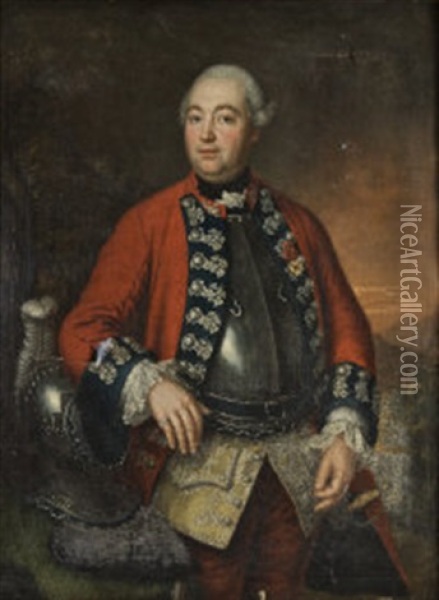 Portrait Of A Military Officer Wearing A Red Coat With Dark Blue And Lace Froggings Above A Breast Plate, A Plumed Helm Beside Him Oil Painting - David Morier