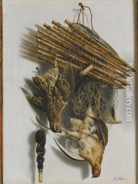 A Trompe L'oeil Still Life With Two Quails, A Bird-net And A Whistle Oil Painting - Jacobus Biltius