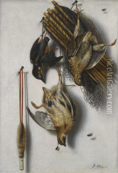 A Trompe L'oeil Still Life With Two Quails, A Kingfisher, A Birdnet And A Whistle Oil Painting - Jacobus Biltius