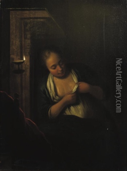 A Young Woman De-fleeing Herself In A Candlelit Interior Oil Painting - Michiel van Muscher