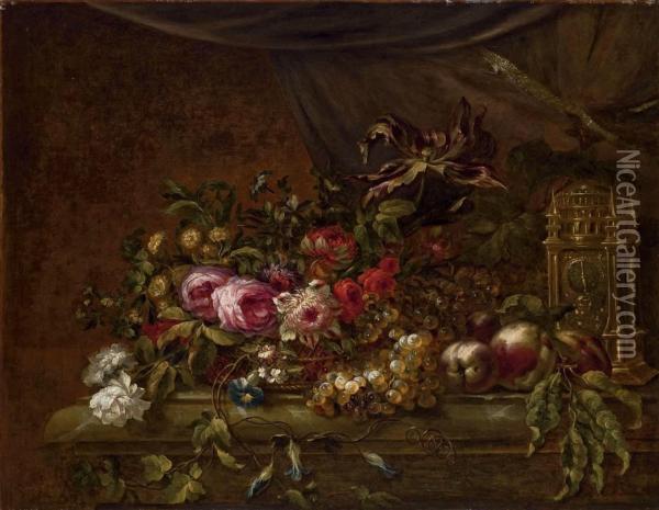 Fruits Et Fleurs Dans Une Corbeille Avec Une Pendule Sur Unentablement Oil Painting - Jean Baptiste Belin de Fontenay