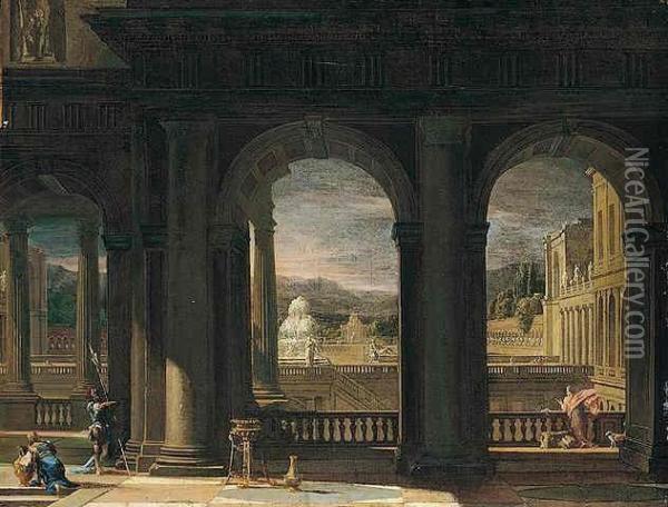 Architectural Capriccio With Figures Near A Balcony Overlooking Oil Painting - Thomas Blanchet