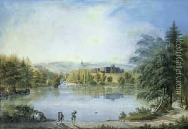 Blick Auf Schloss Wilhelmshohe Bei Kassel. Im Hintergrund Der Herkules. Oil Painting - Johann Heinrich (II) Bleuler: