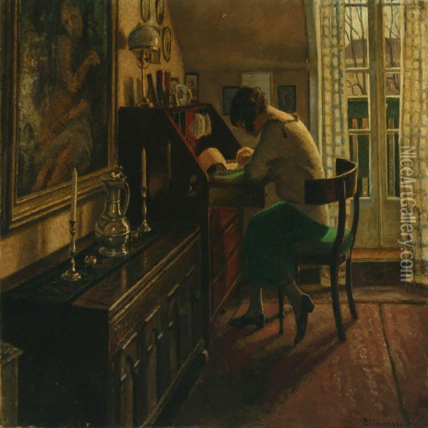 Interior With Womanwriting Oil Painting - Aage Blumensaadt