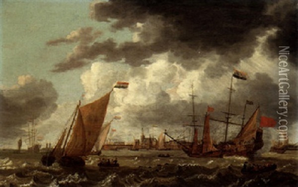 Shipping Vessels Sailing Off Veere Oil Painting - Jan Peeters the Elder