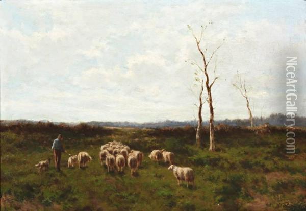 Herder Met Schaapskudde Op De Heide Oil Painting - Herman Bogman