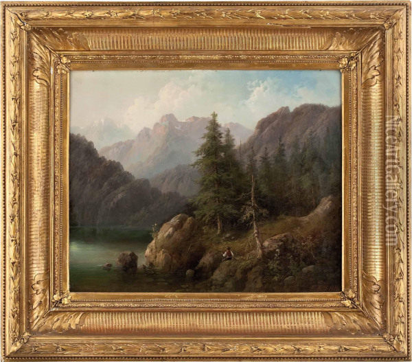 Sommertag Mit Einem Angler Am Gebirgssee Oil Painting - Eduard Boehm