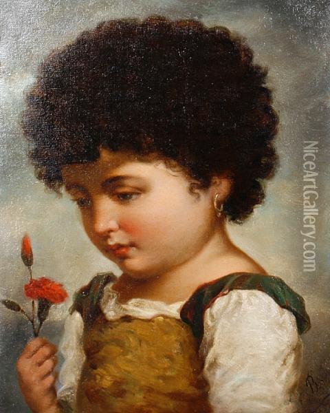 Portrait Of A Young Girl Holding A Redcarnation Oil Painting - Adriano Bonifazi