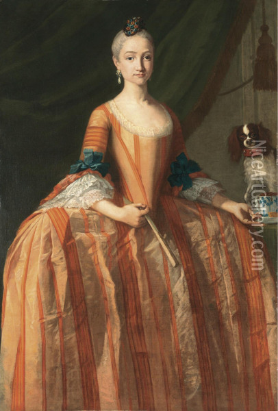 Portrait Of The Infanta Maria Josefa De Borbon (1744-1801), Full Length, Holding A Cup Of Chocolate, A Dog On The Table Beside Her Oil Painting - Giuseppe Bonito