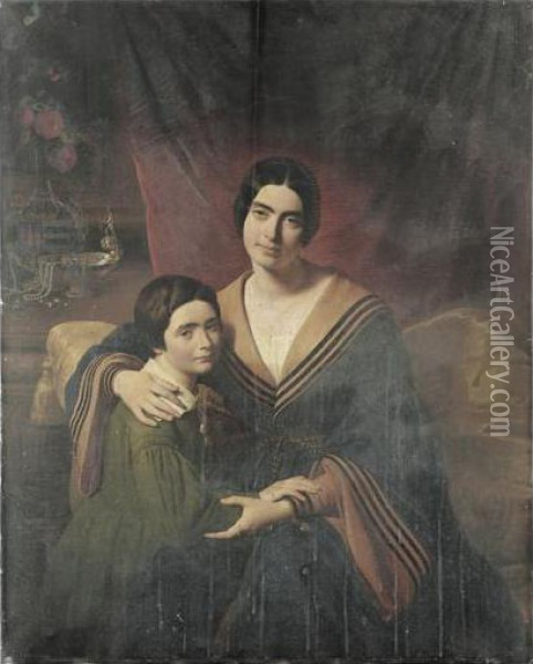 Portrait De La Comtesse Leopold De Ruolz-montchal Et De Son Fils Octave Oil Painting - Claude Bonnefond