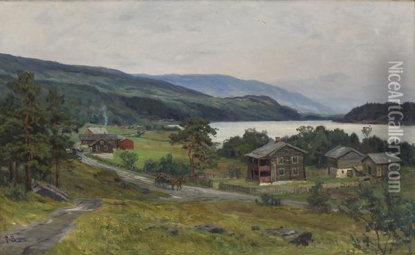 Hest Og Vogn Pa Landevei Med Gardsbruk Oil Painting - Fredrik Borgen