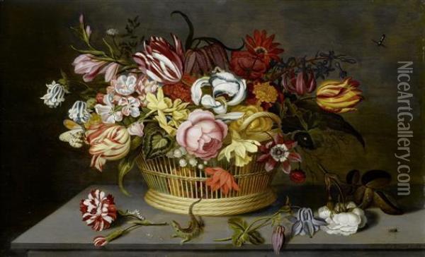 Still Life Of Flowers In A Woven Basket With Insects On A Table Oil Painting - Ambrosius the Younger Bosschaert