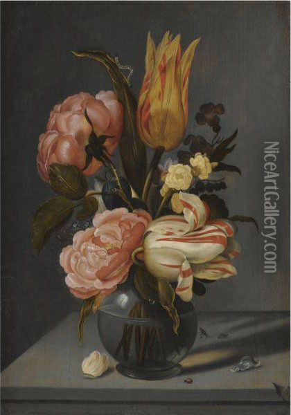 Still Life With Tulips, Roses, Marigolds And Other Flowers In Aglass Vase With A Ladybird And A Caterpillar, All On A Ledge Oil Painting - Ambrosius the Younger Bosschaert