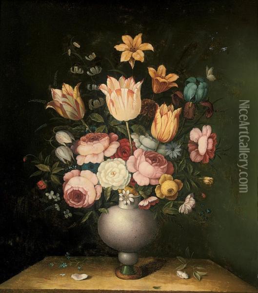Parrot Tulips, Roses, Carnations, An Iris And Other Flowers In Avase On A Stone Ledge Oil Painting - Ambrosius the Younger Bosschaert