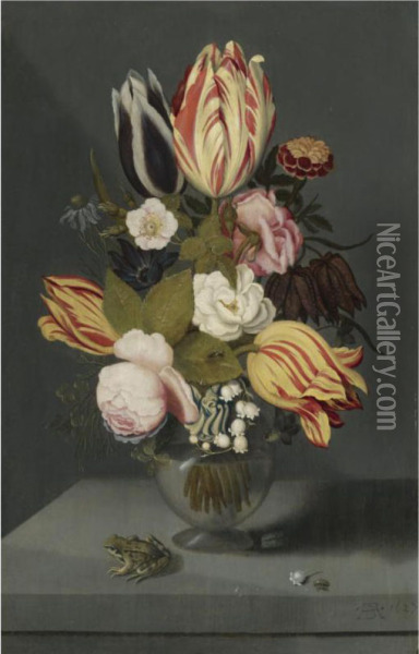 Still Life With Variegated Tulips, Pink And White Roses, A Marigoldfritillary, Columbine And Lily Of The Valley In A Globose Vase Witha Toad, All On A Ledge Oil Painting - Ambrosius the Younger Bosschaert