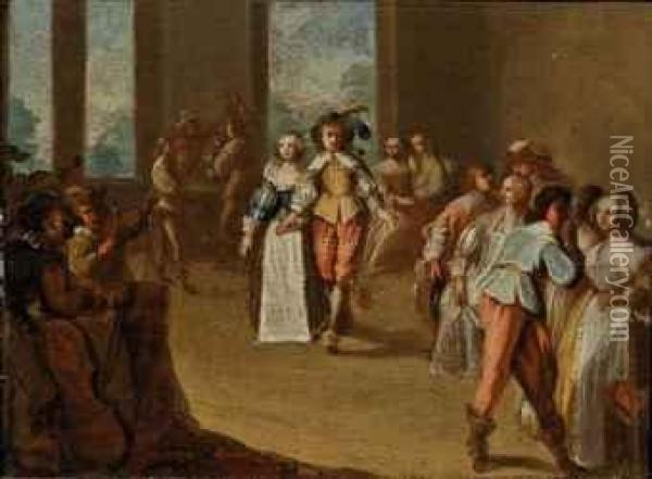 Elegant Company Dancing In An Interior Oil Painting - Abraham Bosse