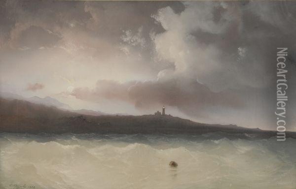 Across The Water To The Coast With A Lighthouse Oil Painting - Carlo Bossoli