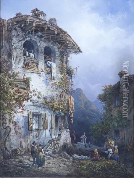 Contadini Nei Pressi Di Un Borgo Rurale Con Piccolo Santuario In Un Paesaggio Di Montagna Oil Painting - Carlo Bossoli