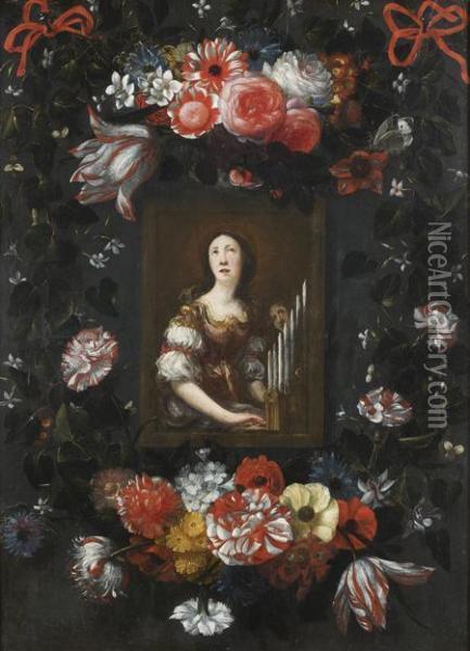Sainte Cecile Dans Une Guirlande De Fleurs Oil Painting - Michel Bouillon