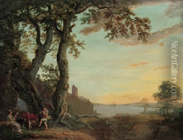 A Bucolic Couple In A Landscape, With A Castle And An Estuary Beyond Oil Painting - Paul Sandby