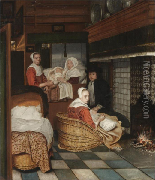 An Interior With A Family And Two Nurses Before A Fire Oil Painting - Esaias Boursse