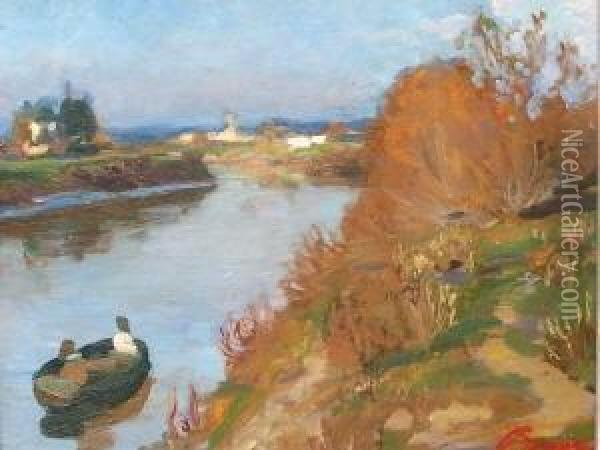 Flusslandschaft Mit Kleinem Kahn, In Dem Zwei Personen Sitzen Oil Painting - Otto Boyer