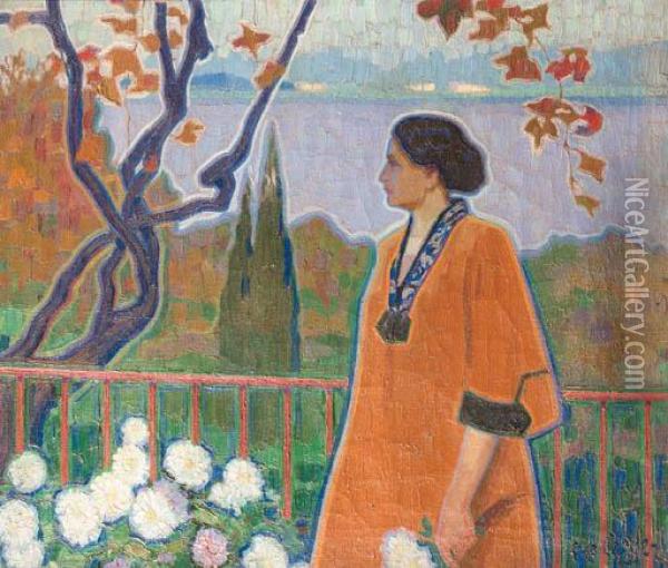 A Lady In An Autumn Landscape Near A Lake Oil Painting - Otto Boyer