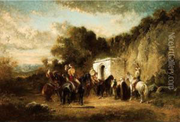 Halte Des Cavaliers A La Fontaine Oil Painting - Honore Boze
