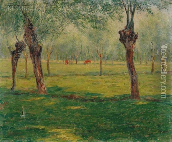 Landscape With Cows At Pasture/an Impressionist Scene Oil Painting - John Leslie Breck