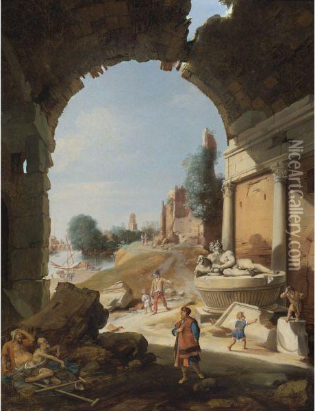 Figures Among Ruins By The Tiber Oil Painting - Bartholomeus Breenbergh