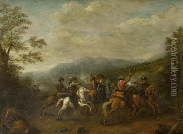A Cavalry Skirmish With A Mountainous Landscape Beyond Oil Painting - Karel Van Breydel (Le Chevalier)