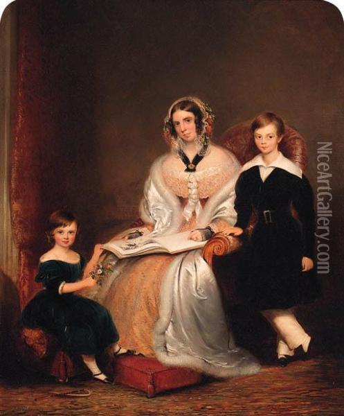 Group Portrait Of A Lady With Her Two Children Oil Painting - John Bridges