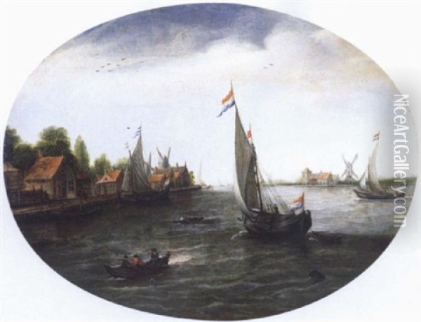 Hollandische Fluslandschaft Mit Segelbooten Oil Painting - Justus Verwer
