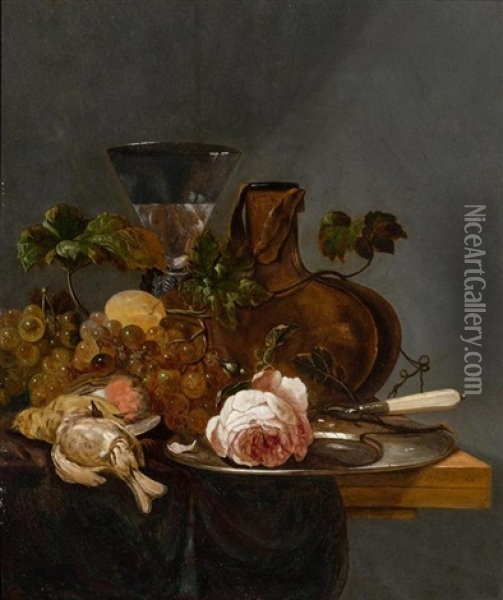 Stilleben Auf Einem Tisch Mit Fruchten, Weinblattern Und Einer Rose Auf Einem Silberteller Oil Painting - J. De Vries