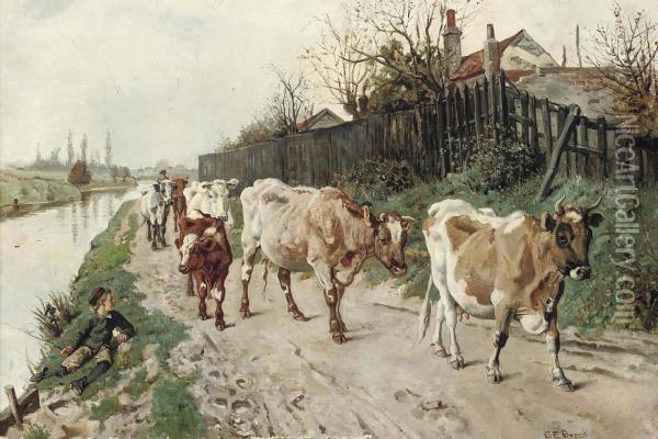 Driving The Herd Home Oil Painting - Charles Edmund Brock
