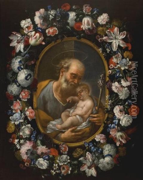 Ghirlanda Di Fiori Con San Giuseppe E Il Bambino Oil Painting - Abraham Brueghel