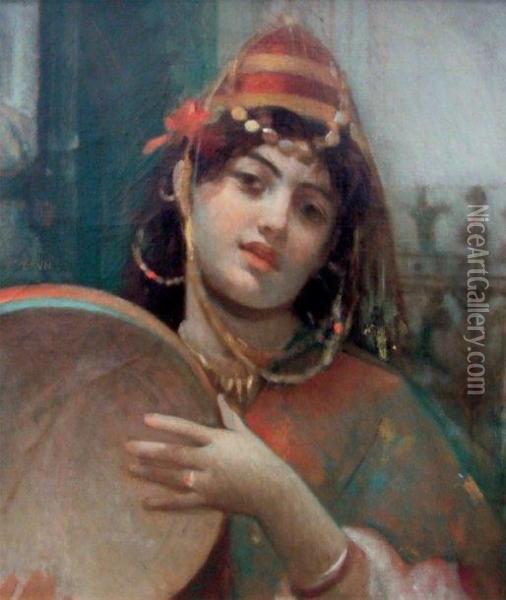 Portrait De Jeune Femme Au Tambourin Oil Painting - Guillaume Charles Le Brun