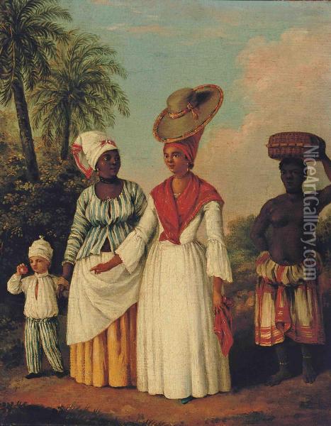 A Free Woman Of Colour And Her Child With Attendants, Dominica Oil Painting - Agostino Brunias