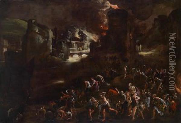 Aeneas Tragt Seinenvater Anchises Aus Dem Brennenden Troja Oil Painting - Cornelio Brusco