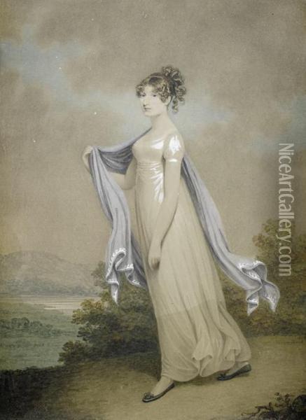 Portrait Of A Lady, Full-length, In A White Dress And A Blue Shawl, Standing Before An Open Landscape Oil Painting - Adam Buck