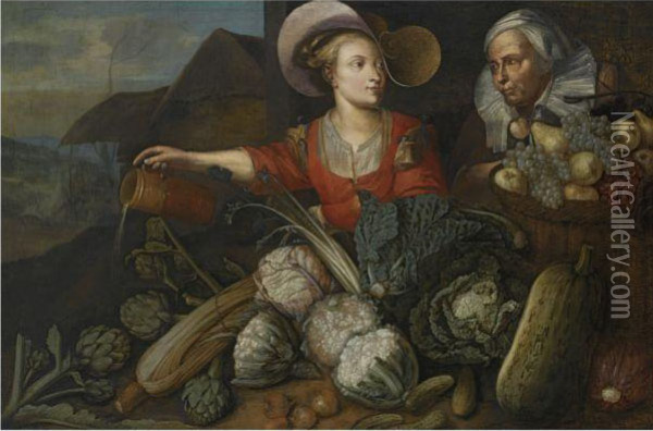 A Young Lady And An Elderly Lady Attending Their Vegetables Oil Painting - Joachim Beuckelaer