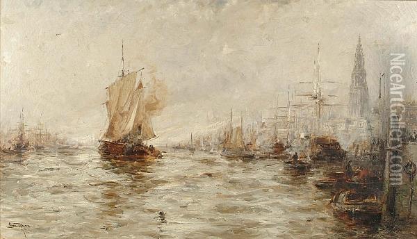 Sailing Into Antwerp Harbour Oil Painting - George Bunn