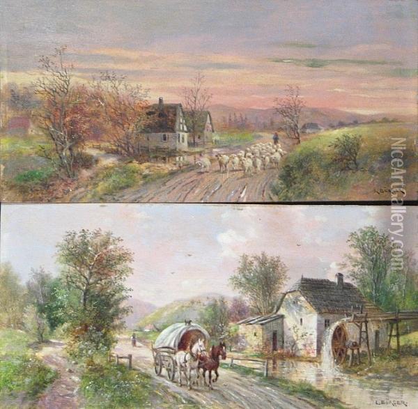 A Pastoral Landscape Of A Shepherd And A Flock Of Sheep; Also A Companion Painting (a Pair) Oil Painting - Lothar Burger