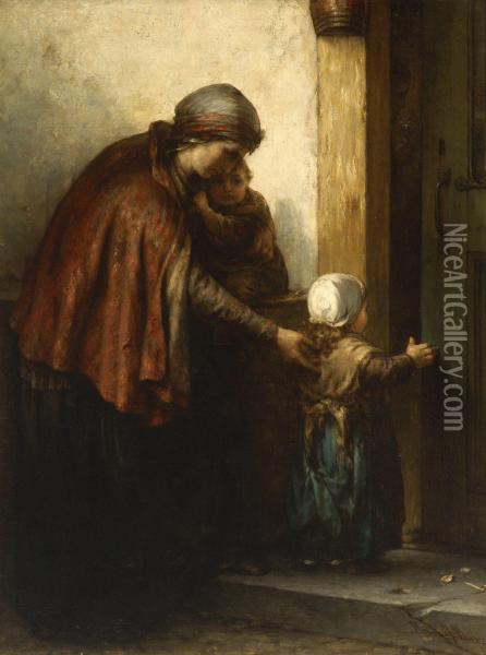 Mutter Mit Zwei Kindern Vor Der Ture Oil Painting - Hendricus-Jacobus Burgers