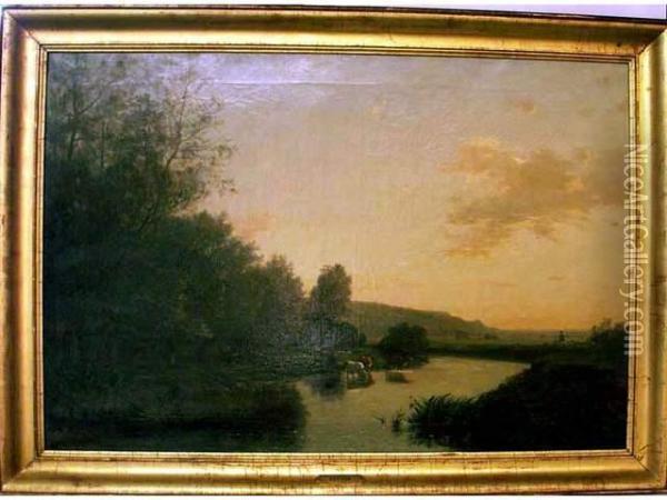 Paysage Avec Riviere Et Troupeau Au Soleil Couchant Oil Painting - Charles Busson