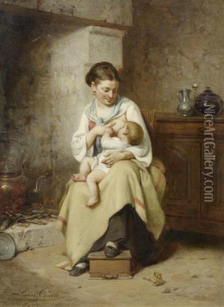 Oil painting leon caille the lesson young mother with boy hand painted canvas 