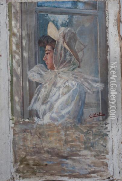 Ritratto Di Giovane Signora Con Velo Bianco Oil Painting - Cesare Calchi Novati