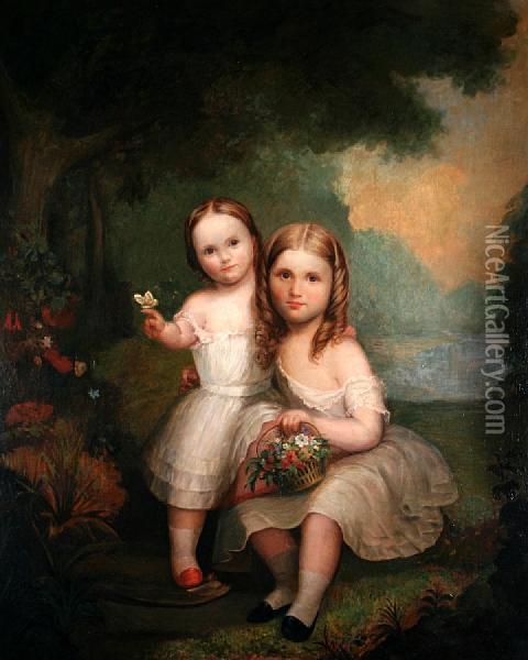 Two Sisters Before A Landscape Oil Painting - Margaret Sarah Carpenter