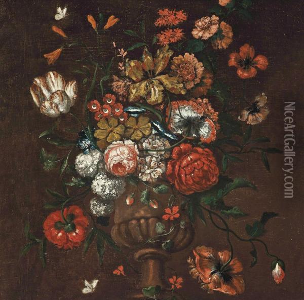 Tulips, Poppies, Carnations, A Rose, Morning-glories, Hydrangeas, And Other Flowers In A Sculpted Vase Oil Painting - Pieter III Casteels